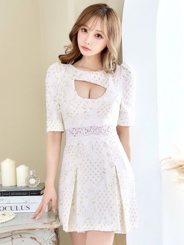 画像5: XS-Lサイズあり【Donia Quinn / ドニアクイーン】 総レース/ バストカット/ 袖あり/ パフスリーブ/ ボタンデザイン/ ボックスプリーツ/ ミニドレス/ キャバドレス[OF05] (5)