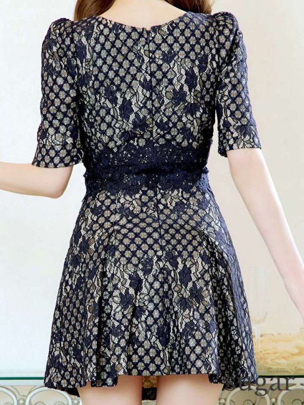 画像20: XS-Lサイズあり【Donia Quinn / ドニアクイーン】 総レース/ バストカット/ 袖あり/ パフスリーブ/ ボタンデザイン/ ボックスプリーツ/ ミニドレス/ キャバドレス[OF05] (20)