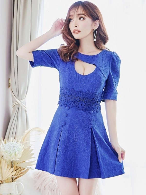 画像12: XS-Lサイズあり【Donia Quinn / ドニアクイーン】 総レース/ バストカット/ 袖あり/ パフスリーブ/ ボタンデザイン/ ボックスプリーツ/ ミニドレス/ キャバドレス[OF05] (12)