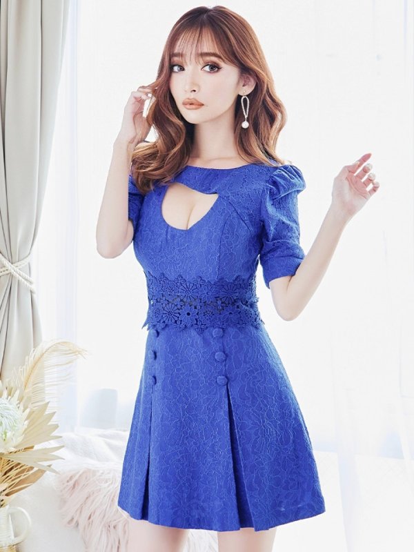 画像14: XS-Lサイズあり【Donia Quinn / ドニアクイーン】 総レース/ バストカット/ 袖あり/ パフスリーブ/ ボタンデザイン/ ボックスプリーツ/ ミニドレス/ キャバドレス[OF05] (14)