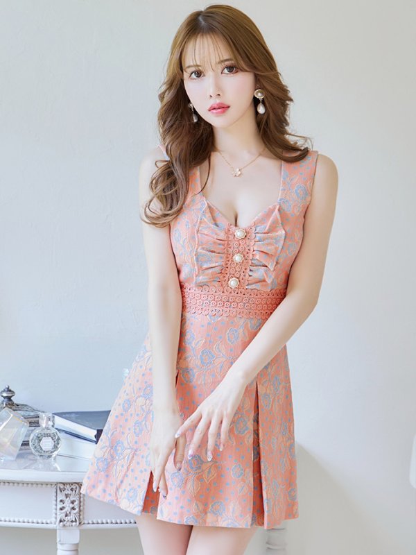画像29: XS-Lサイズあり【Donia Quinn / ドニアクイーン】 フラワーレース/ ドットレース/ バストギャザー/ パールボタン/ ノースリーブ/ プリーツ/ Aライン/ フレア/ ミニドレス/ キャバドレス[OF05] (29)