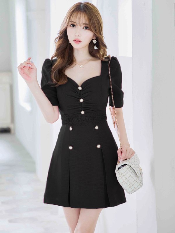 画像38: XSサイズあり【Donia Quinn / ドニアクイーン】 パールボタン/ バストギャザー/ パフスリーブ/ 袖あり/ 半袖/ ボックスプリーツ/ Aライン/ フレア/ ミニドレス/ キャバドレス[OF05] (38)