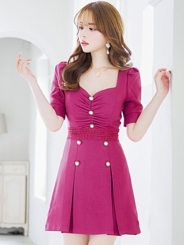 画像22: XSサイズあり【Donia Quinn / ドニアクイーン】 パールボタン/ バストギャザー/ パフスリーブ/ 袖あり/ 半袖/ ボックスプリーツ/ Aライン/ フレア/ ミニドレス/ キャバドレス[OF05] (22)