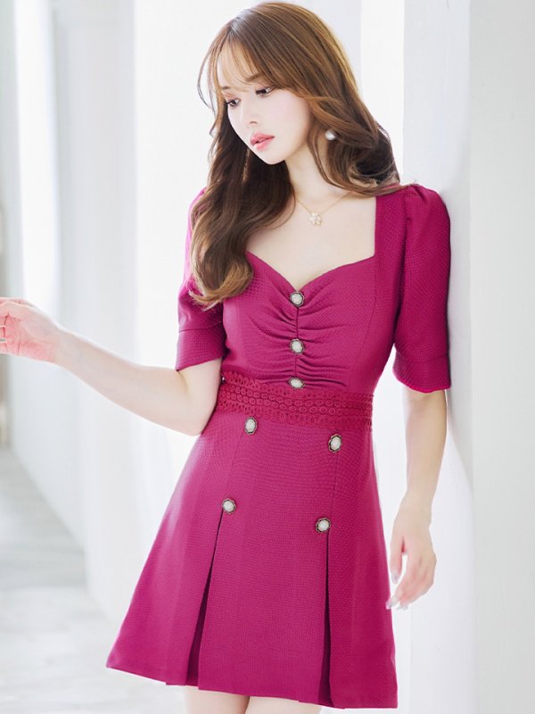 画像23: XSサイズあり【Donia Quinn / ドニアクイーン】 パールボタン/ バストギャザー/ パフスリーブ/ 袖あり/ 半袖/ ボックスプリーツ/ Aライン/ フレア/ ミニドレス/ キャバドレス[OF05] (23)