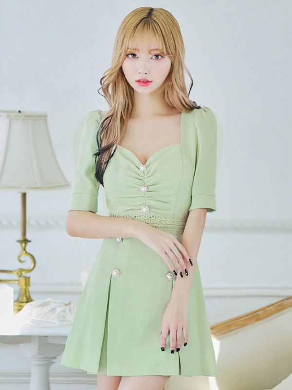 画像29: XSサイズあり【Donia Quinn / ドニアクイーン】 パールボタン/ バストギャザー/ パフスリーブ/ 袖あり/ 半袖/ ボックスプリーツ/ Aライン/ フレア/ ミニドレス/ キャバドレス[OF05] (29)