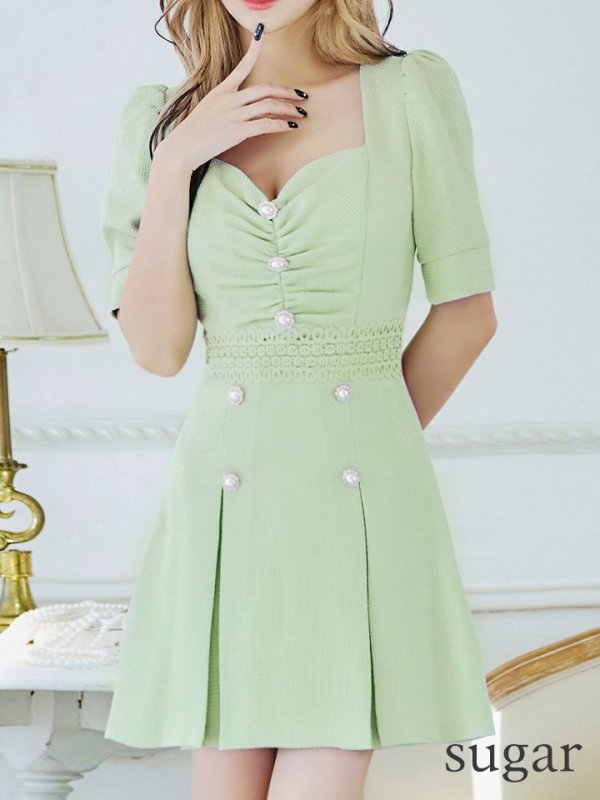 画像35: XSサイズあり【Donia Quinn / ドニアクイーン】 パールボタン/ バストギャザー/ パフスリーブ/ 袖あり/ 半袖/ ボックスプリーツ/ Aライン/ フレア/ ミニドレス/ キャバドレス[OF05] (35)