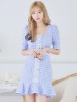 画像23: XS-Lサイズあり【Donia Quinn / ドニアクイーン】ギンガムチェック/ パールボタン/ 袖あり/ 半袖/ パフスリーブ/ レース/ 裾フリル/ ミニドレス/ キャバドレス[OF05] (23)