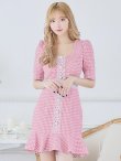 画像32: XS-Lサイズあり【Donia Quinn / ドニアクイーン】ギンガムチェック/ パールボタン/ 袖あり/ 半袖/ パフスリーブ/ レース/ 裾フリル/ ミニドレス/ キャバドレス[OF05] (32)