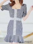 画像8: XS-Lサイズあり【Donia Quinn / ドニアクイーン】ギンガムチェック/ パールボタン/ 袖あり/ 半袖/ パフスリーブ/ レース/ 裾フリル/ ミニドレス/ キャバドレス[OF05] (8)