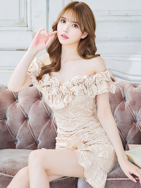 画像14: XS-Lサイズあり【Donia Quinn / ドニアクイーン】 フリル/ タック/ オフショルダー/ タイト/ ミニドレス/ キャバドレス[OF05] (14)