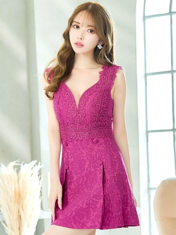 画像12: XSサイズあり【Donia Quinn / ドニアクイーン】フラワージャガード/ ボックスプリーツ/ ワンカラー/ ノースリーブ/ Aライン/ ミニドレス/ キャバドレス[OF05] (12)