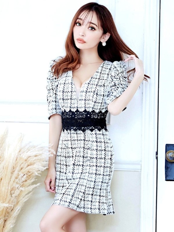 画像12: XS-Lサイズあり【Donia Quinn / ドニアクイーン】 チェックツイード/ フラワーレース/ 袖あり/ 半袖/ パフスリーブ/ マーメイド/ ミニドレス/ キャバドレス[OF05] (12)