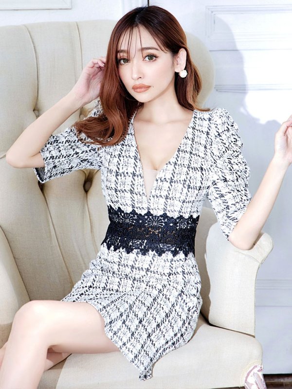 画像14: XS-Lサイズあり【Donia Quinn / ドニアクイーン】 チェックツイード/ フラワーレース/ 袖あり/ 半袖/ パフスリーブ/ マーメイド/ ミニドレス/ キャバドレス[OF05] (14)