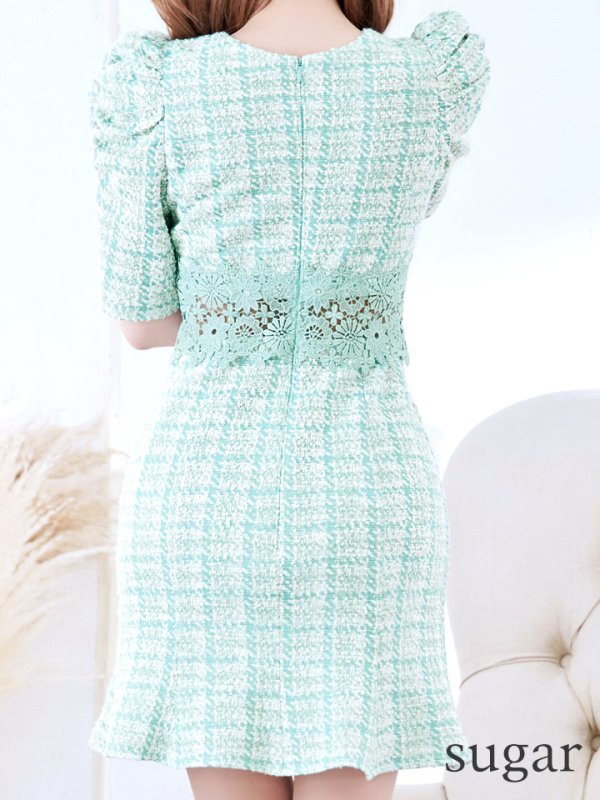 画像9: XS-Lサイズあり【Donia Quinn / ドニアクイーン】 チェックツイード/ フラワーレース/ 袖あり/ 半袖/ パフスリーブ/ マーメイド/ ミニドレス/ キャバドレス[OF05] (9)