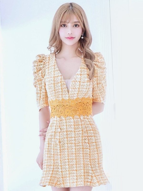 画像21: XS-Lサイズあり【Donia Quinn / ドニアクイーン】 チェックツイード/ フラワーレース/ 袖あり/ 半袖/ パフスリーブ/ マーメイド/ ミニドレス/ キャバドレス[OF05] (21)