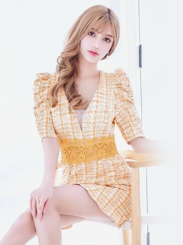 画像22: XS-Lサイズあり【Donia Quinn / ドニアクイーン】 チェックツイード/ フラワーレース/ 袖あり/ 半袖/ パフスリーブ/ マーメイド/ ミニドレス/ キャバドレス[OF05] (22)