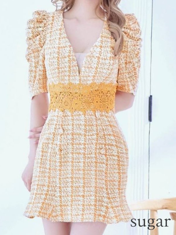 画像27: XS-Lサイズあり【Donia Quinn / ドニアクイーン】 チェックツイード/ フラワーレース/ 袖あり/ 半袖/ パフスリーブ/ マーメイド/ ミニドレス/ キャバドレス[OF05] (27)