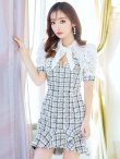 画像23: XS-Lサイズあり【Donia Quinn / ドニアクイーン】 リボンネック/  チェックツイード/ 半袖/ 袖あり/ パフスリーブ/ レース切替/ マーメイド/ ミニドレス/ キャバドレス[OF05] (23)