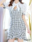画像26: XS-Lサイズあり【Donia Quinn / ドニアクイーン】 リボンネック/  チェックツイード/ 半袖/ 袖あり/ パフスリーブ/ レース切替/ マーメイド/ ミニドレス/ キャバドレス[OF05] (26)