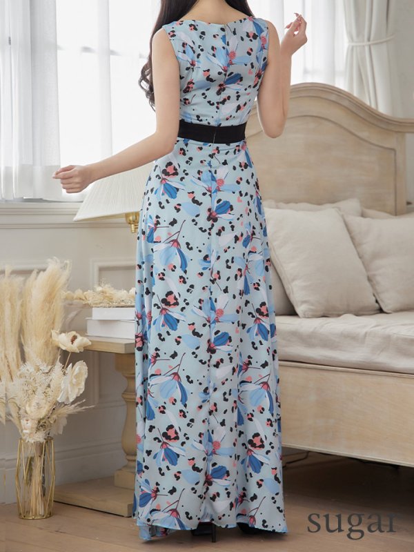 画像9: 【VELIQUE/ヴェリーク】フラワープリント/ ヒョウ柄/ ノースリーブ/ Aライン/ ロングドレス long【HC02】 (9)