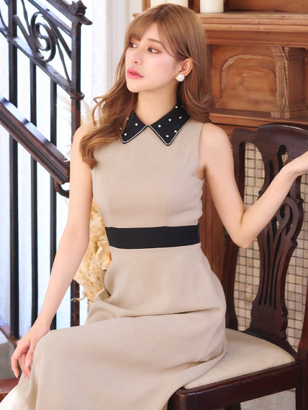 画像7: 【VELIQUE/ヴェリーク】襟付き/ バイカラー/ ビジュー/ ノースリーブ/ ハイウエスト切替/ Aライン/ ロングドレス/ キャバドレス/ long【HC02】 (7)