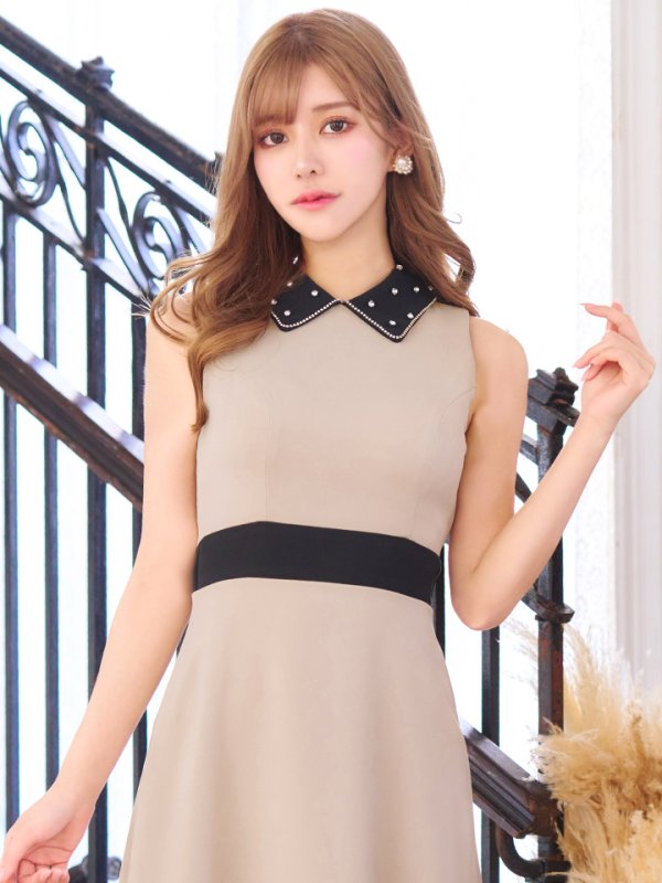 画像10: 【VELIQUE/ヴェリーク】襟付き/ バイカラー/ ビジュー/ ノースリーブ/ ハイウエスト切替/ Aライン/ ロングドレス/ キャバドレス/ long【HC02】 (10)