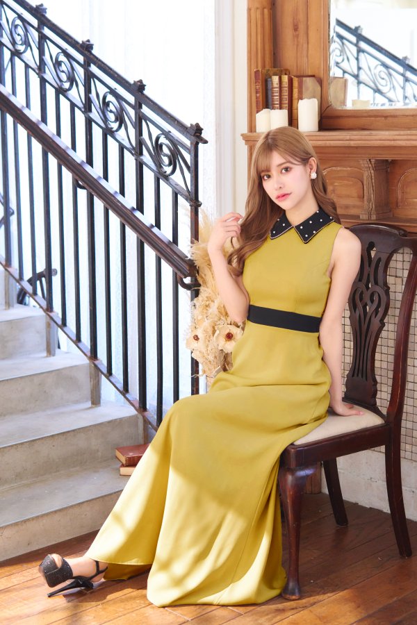 画像2: 【VELIQUE/ヴェリーク】襟付き/ バイカラー/ ビジュー/ ノースリーブ/ ハイウエスト切替/ Aライン/ ロングドレス/ キャバドレス/ long【HC02】 (2)