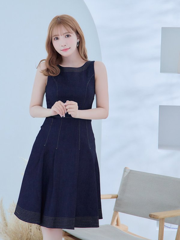 画像3: 【VELIQUE/ヴェリーク】デニム生地/ ノースリーブ/ ステッチ/ タック/ ひざ丈/ フレア/ ワンピース/ ミディアムドレス/ キャバドレス【HC02】 (3)