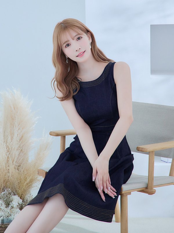 画像6: 【VELIQUE/ヴェリーク】デニム生地/ ノースリーブ/ ステッチ/ タック/ ひざ丈/ フレア/ ワンピース/ ミディアムドレス/ キャバドレス【HC02】 (6)