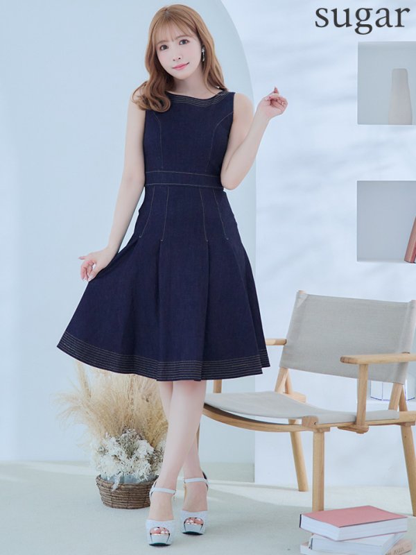画像7: 【VELIQUE/ヴェリーク】デニム生地/ ノースリーブ/ ステッチ/ タック/ ひざ丈/ フレア/ ワンピース/ ミディアムドレス/ キャバドレス【HC02】 (7)