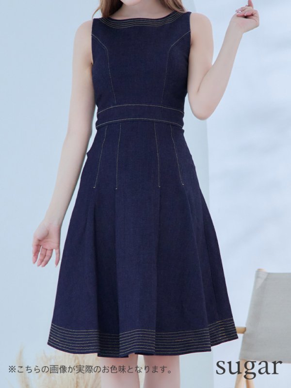 画像8: 【VELIQUE/ヴェリーク】デニム生地/ ノースリーブ/ ステッチ/ タック/ ひざ丈/ フレア/ ワンピース/ ミディアムドレス/ キャバドレス【HC02】 (8)