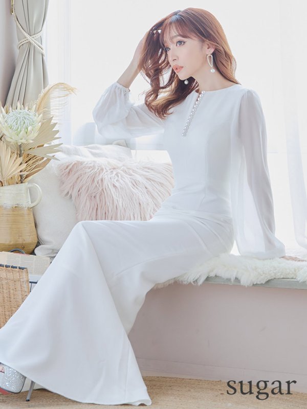 【VELIQUE/ヴェリーク】シンプル/ ワンカラー/ 袖あり/ ロングスリーブ/ シースルー/ タイト/ ロングドレス/ キャバドレス/ long[OF05]　ホワイト