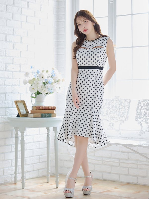 画像9: 【VELIQUE/ヴェリーク】ドットプリント/ 水玉/ チェーン/ カットアウト/ ノースリーブ/ マーメイド/ ひざ丈/ ミディアムドレス/ キャバドレス【HC02】 (9)