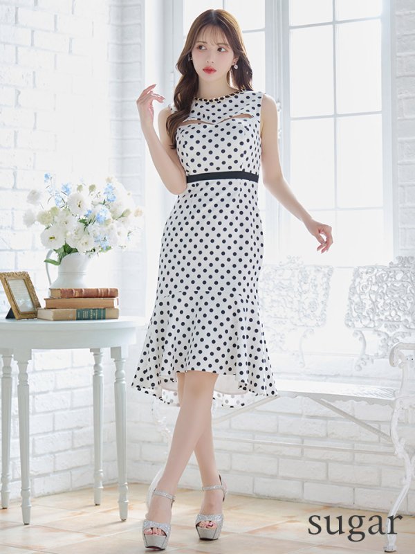 画像13: 【VELIQUE/ヴェリーク】ドットプリント/ 水玉/ チェーン/ カットアウト/ ノースリーブ/ マーメイド/ ひざ丈/ ミディアムドレス/ キャバドレス【HC02】 (13)