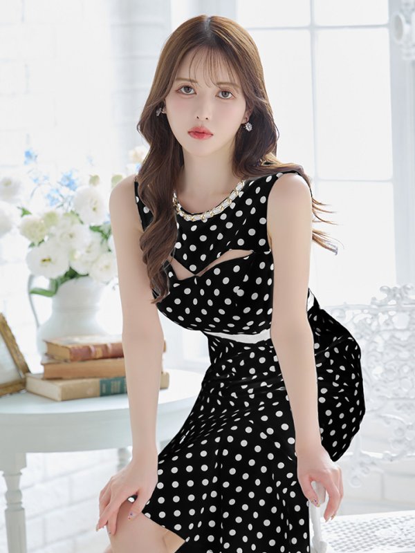 画像6: 【VELIQUE/ヴェリーク】ドットプリント/ 水玉/ チェーン/ カットアウト/ ノースリーブ/ マーメイド/ ひざ丈/ ミディアムドレス/ キャバドレス【HC02】 (6)