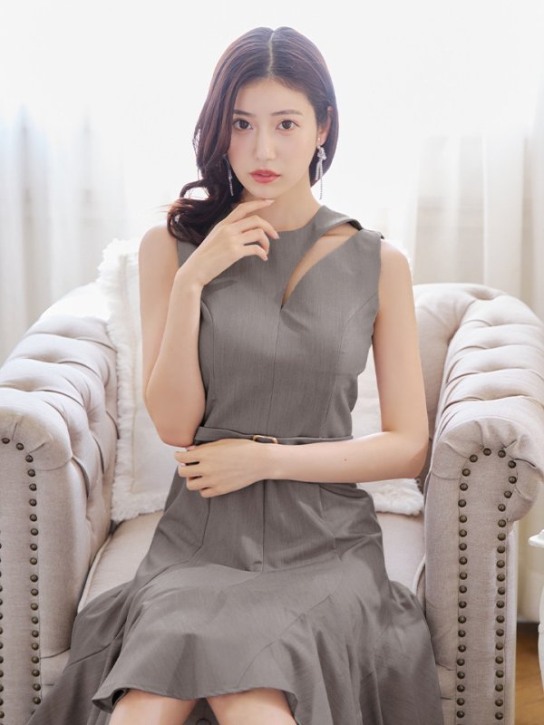 画像4: 【VELIQUE/ヴェリーク】カットアウト/ ノースリーブ/ ベルトデザイン/ 膝丈/ Aライン/ フレア/ミニドレス/ キャバドレス【HC02】 (4)