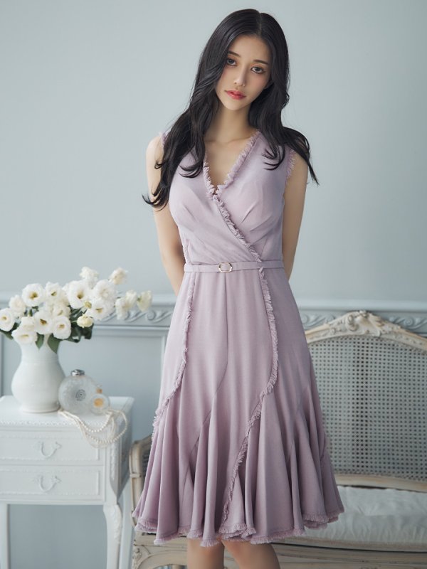 画像5: 【VELIQUE/ヴェリーク】シンプル/ ワンカラー/ フリンジ/ ウエストベルト/ ノースリーブ/ Aライン/ フレア/ 膝丈/ ミディアムドレス/ キャバドレス【HC02】 (5)