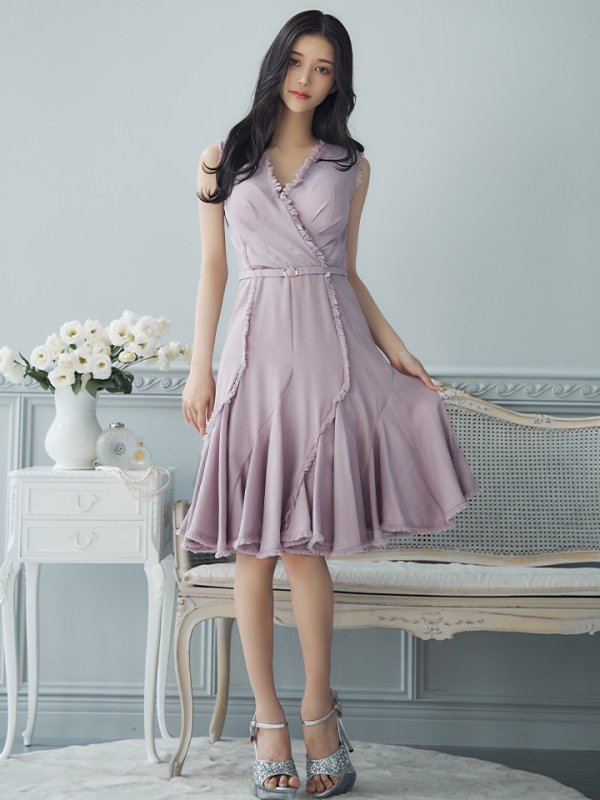 画像7: 【VELIQUE/ヴェリーク】シンプル/ ワンカラー/ フリンジ/ ウエストベルト/ ノースリーブ/ Aライン/ フレア/ 膝丈/ ミディアムドレス/ キャバドレス【HC02】 (7)