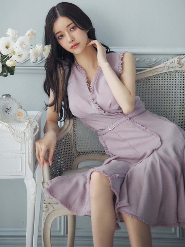 画像8: 【VELIQUE/ヴェリーク】シンプル/ ワンカラー/ フリンジ/ ウエストベルト/ ノースリーブ/ Aライン/ フレア/ 膝丈/ ミディアムドレス/ キャバドレス【HC02】 (8)