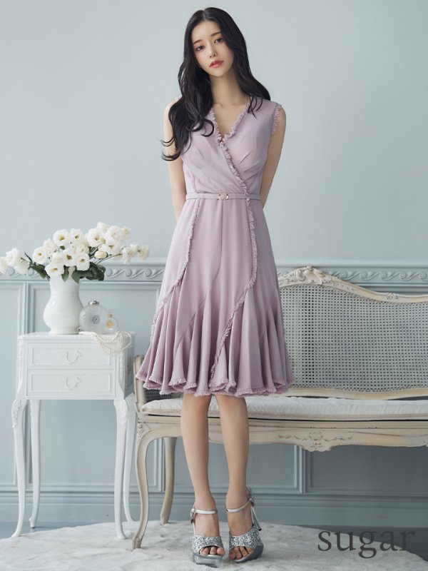 画像10: 【VELIQUE/ヴェリーク】シンプル/ ワンカラー/ フリンジ/ ウエストベルト/ ノースリーブ/ Aライン/ フレア/ 膝丈/ ミディアムドレス/ キャバドレス【HC02】 (10)