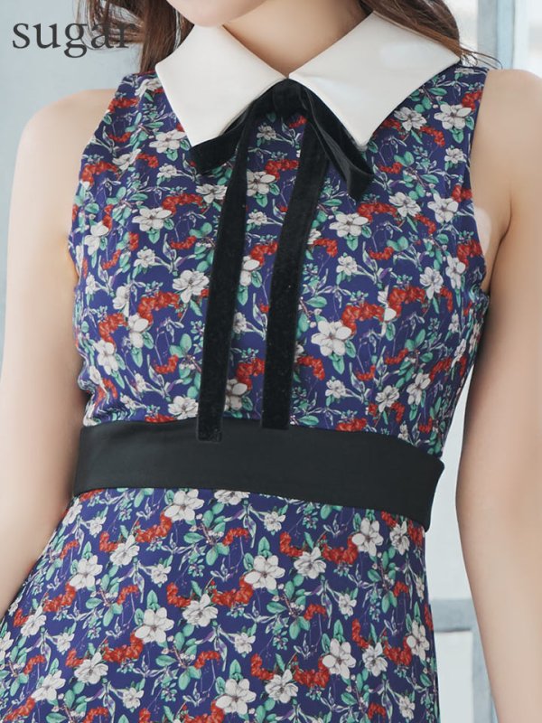 画像10: 【VELIQUE/ヴェリーク】襟付き/ ネックリボン/ フラワープリント/ ノースリーブ/ フレア/ Aライン/ ワンピース/ ロングドレス/ キャバドレス long【HC02】 (10)