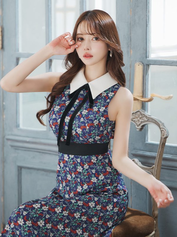 画像2: 【VELIQUE/ヴェリーク】襟付き/ ネックリボン/ フラワープリント/ ノースリーブ/ フレア/ Aライン/ ワンピース/ ロングドレス/ キャバドレス long【HC02】 (2)