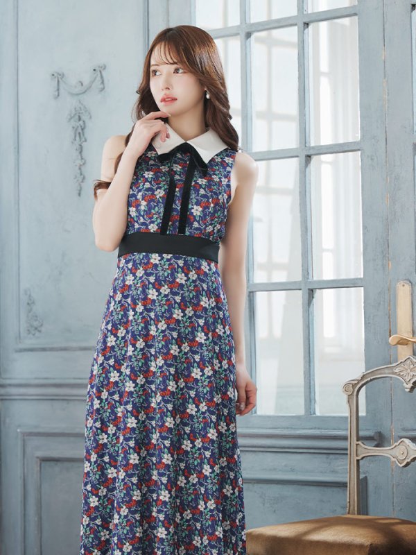 画像5: 【VELIQUE/ヴェリーク】襟付き/ ネックリボン/ フラワープリント/ ノースリーブ/ フレア/ Aライン/ ワンピース/ ロングドレス/ キャバドレス long【HC02】 (5)