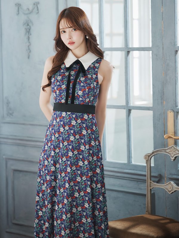 画像6: 【VELIQUE/ヴェリーク】襟付き/ ネックリボン/ フラワープリント/ ノースリーブ/ フレア/ Aライン/ ワンピース/ ロングドレス/ キャバドレス long【HC02】 (6)