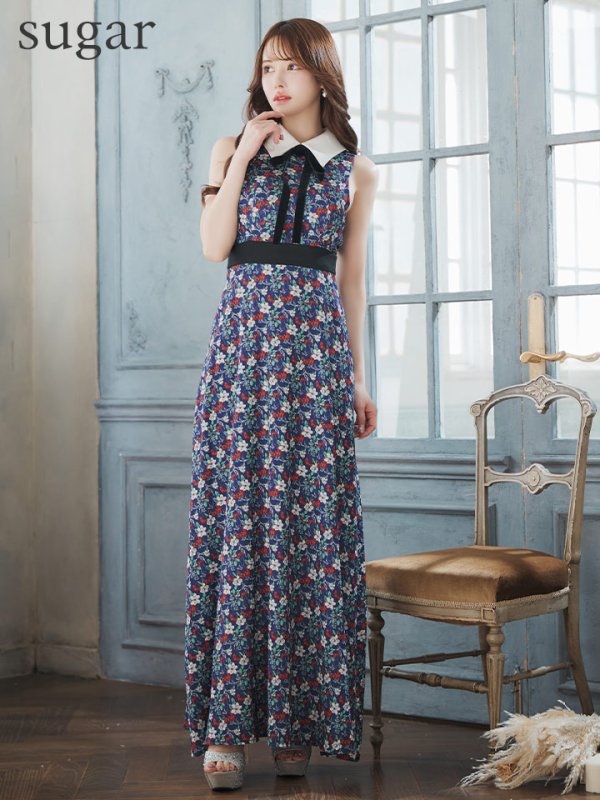 画像7: 【VELIQUE/ヴェリーク】襟付き/ ネックリボン/ フラワープリント/ ノースリーブ/ フレア/ Aライン/ ワンピース/ ロングドレス/ キャバドレス long【HC02】 (7)