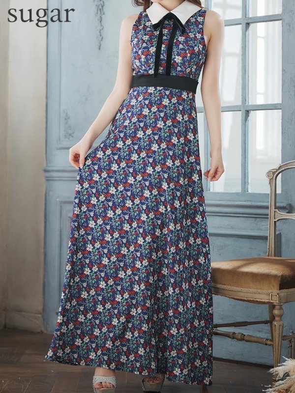 画像8: 【VELIQUE/ヴェリーク】襟付き/ ネックリボン/ フラワープリント/ ノースリーブ/ フレア/ Aライン/ ワンピース/ ロングドレス/ キャバドレス long【HC02】 (8)