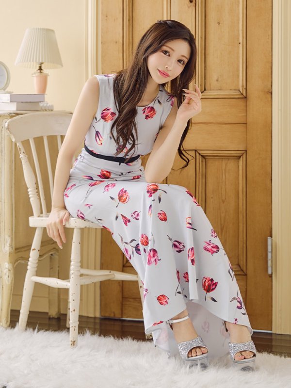 画像4: 【VELIQUE/ヴェリーク】フラワープリント/ ノースリーブ/ ストレッチ/ タイト/ ワンピース/ ロングドレス/ キャバドレス long【HC02】 (4)