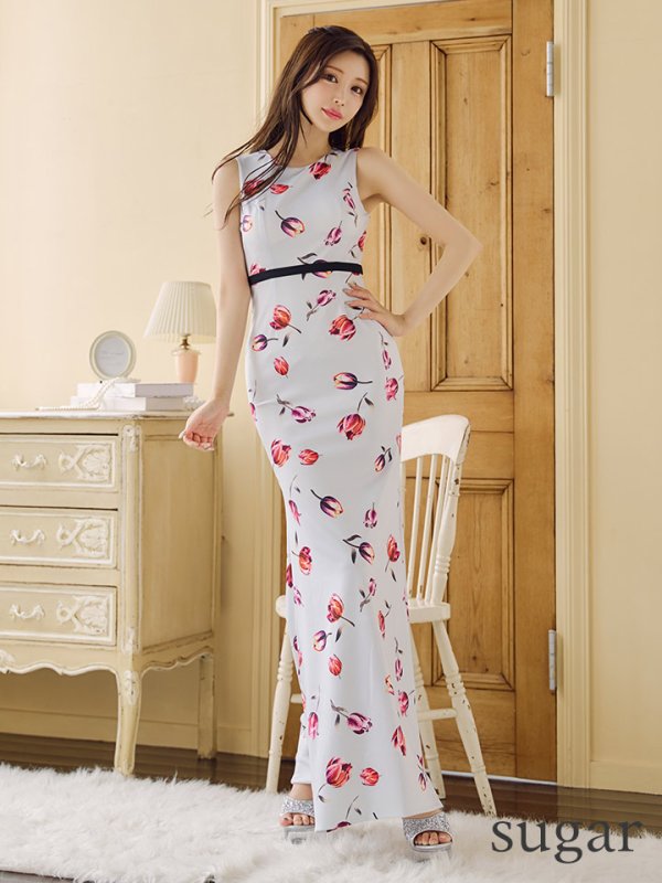 画像8: 【VELIQUE/ヴェリーク】フラワープリント/ ノースリーブ/ ストレッチ/ タイト/ ワンピース/ ロングドレス/ キャバドレス long【HC02】 (8)