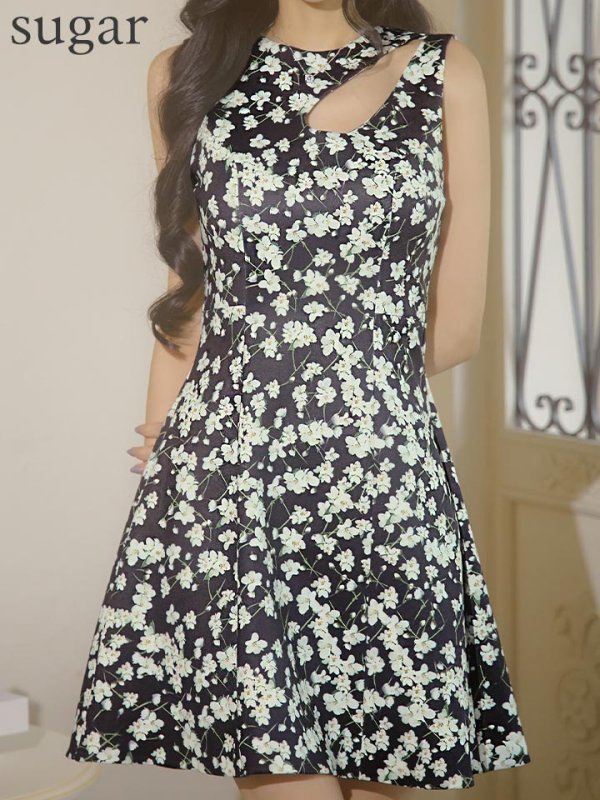 画像18: 【VELIQUE/ヴェリーク】フラワープリント/ カットアウト/ ノースリーブ/ ストレッチ/ フレア/ Aライン/ ワンピース/ ミニドレス/ キャバドレス【HC02】 (18)