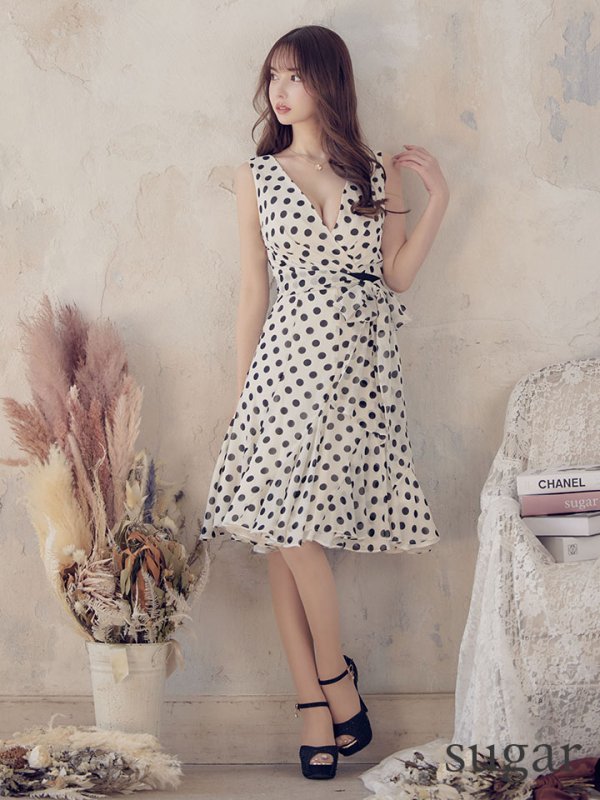 画像4: 【VELIQUE/ヴェリーク】Aライン/ ドット/ ノースリーブ/ 膝丈/ ワンピース/ ミニドレス/ キャバドレス【HC02】　ブラック (4)